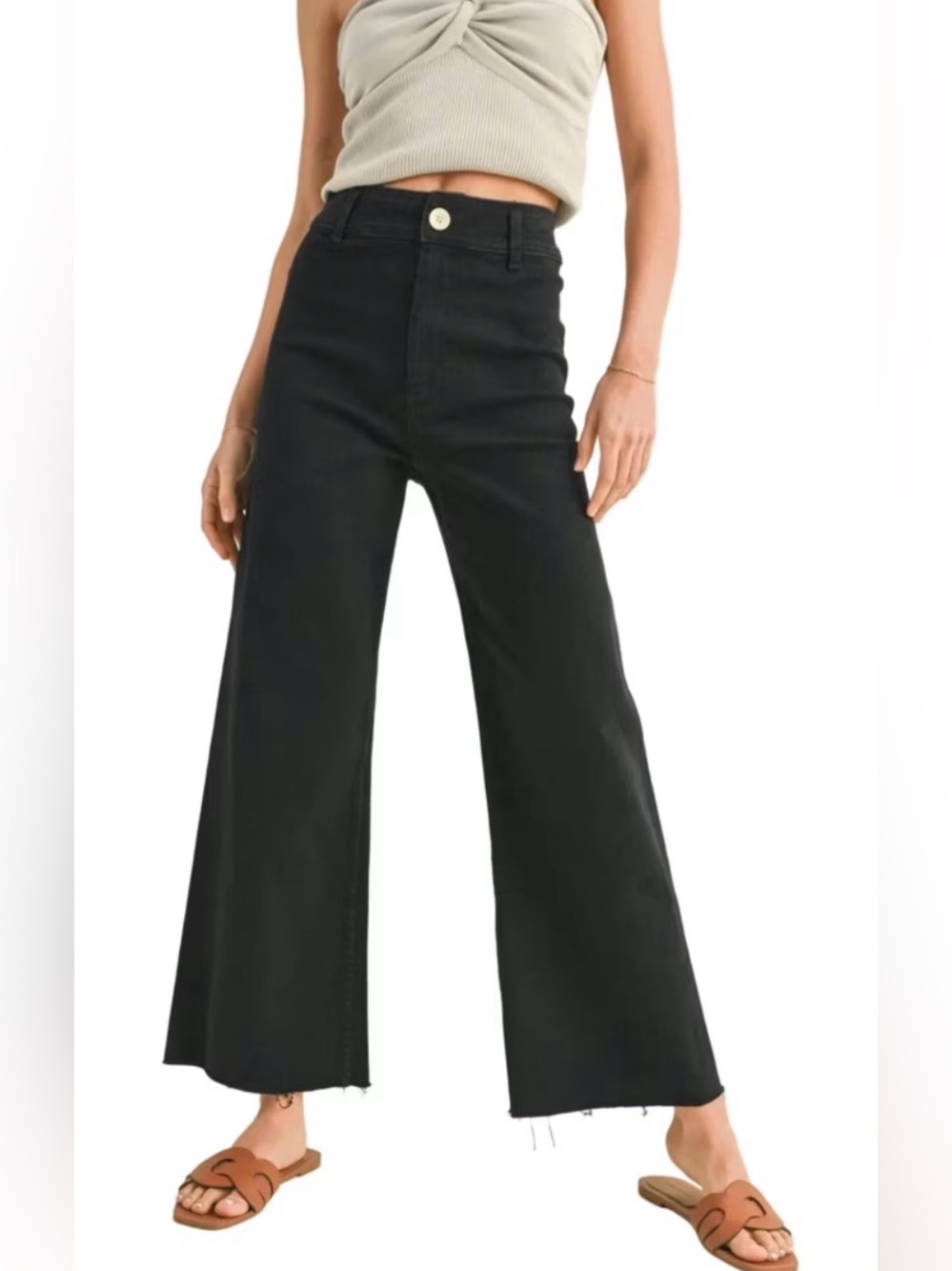 Miou Muse - High Rise Raw Hem Crop Wide Leg jeans